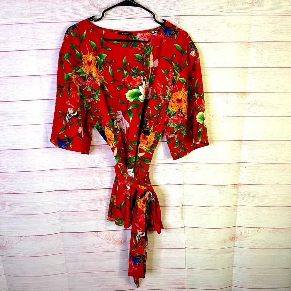 Avon Floral Tunic Waist Belt Tie‎ Blouse Size L (12-14)